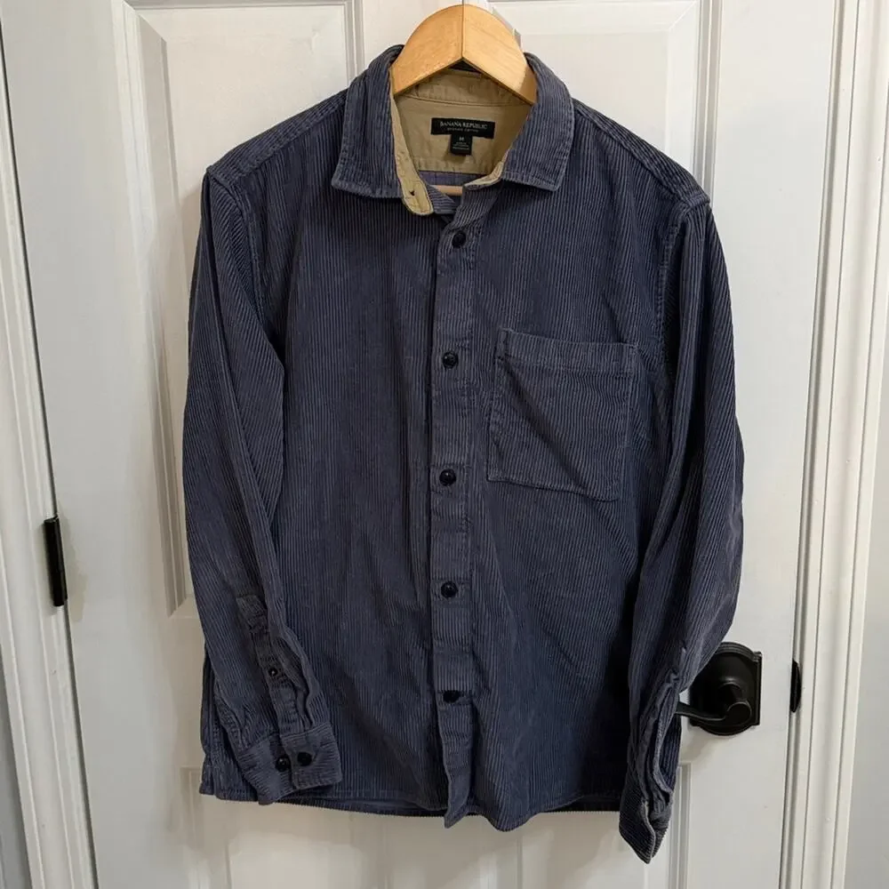 BANANA REPUBLIC 100% Organic Cotton Blue Corduroy Button Down Thick Shirt Size M